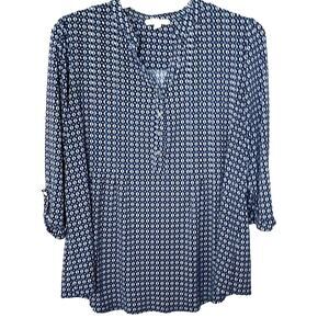 EST. 1962 3/4 ROLL TAB SLEEVE V-NECK BLOUSE, WOMEN-1X-BRIGHT & NAVY BLUE & WHITE